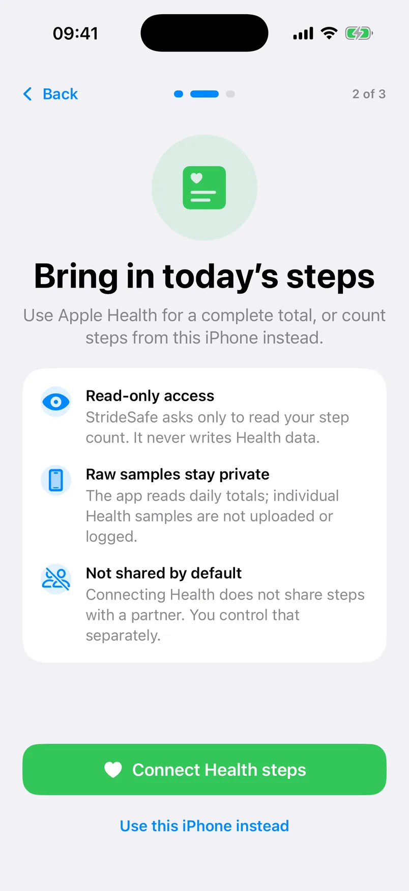Stride Safe Apple Health screen explaining read-only step access and private raw samples