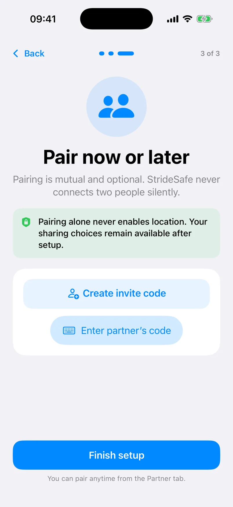 Stride Safe optional partner pairing screen with invite-code actions