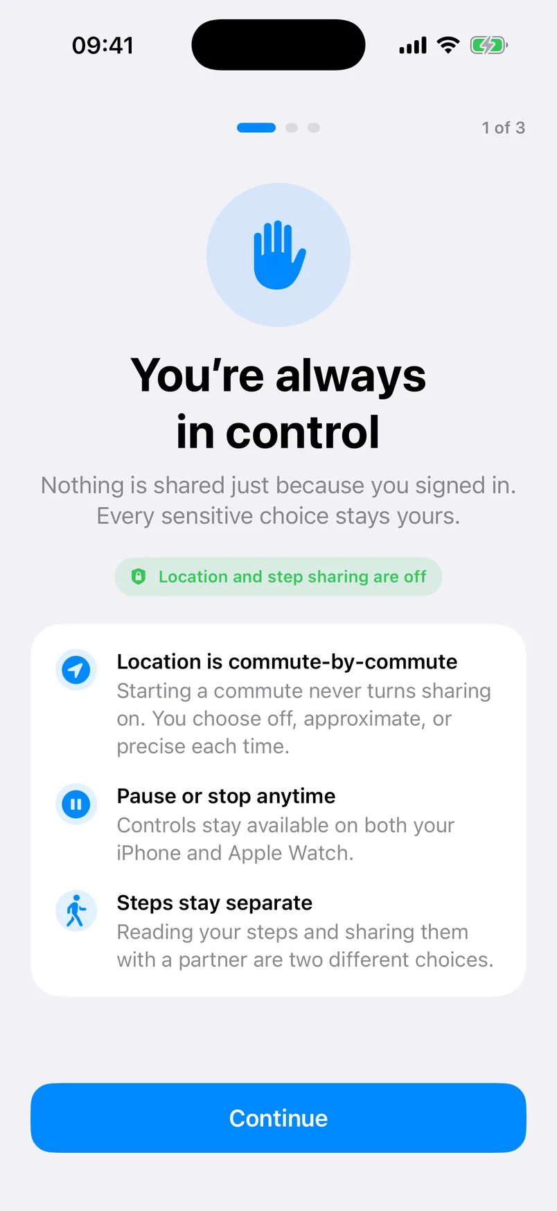 Stride Safe onboarding explaining that location and step sharing are off and separate
