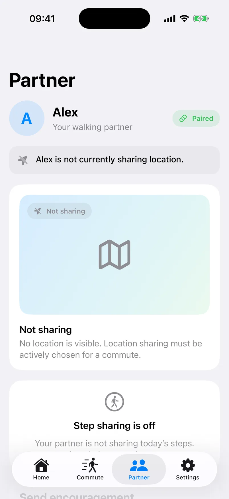Stride Safe partner screen showing that Alex is not currently sharing location
