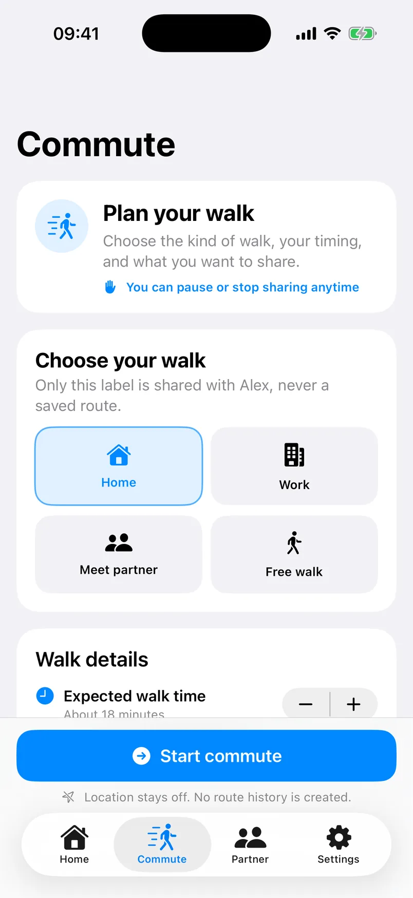 Stride Safe commute screen with walk choices, timing, and location off