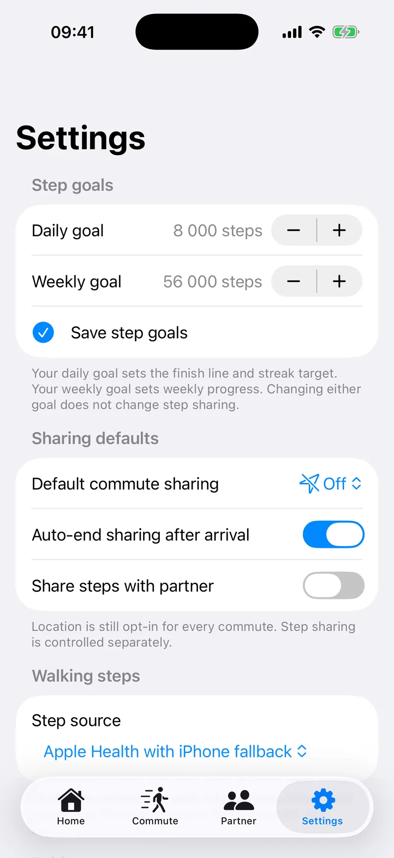 Stride Safe settings with commute sharing off, auto-end, and separate step sharing
